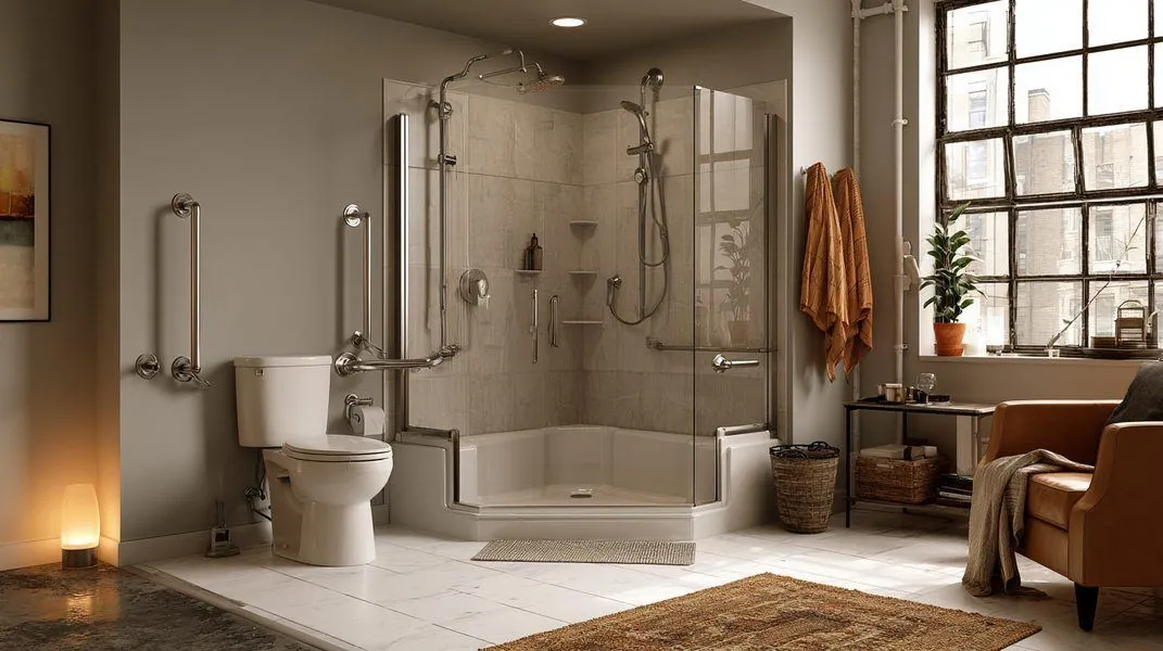 Accessible bathroom with stainless steel grab bars next to toilet and inside walk-in shower, non-slip mat, night light glowing, comfort-height toilet