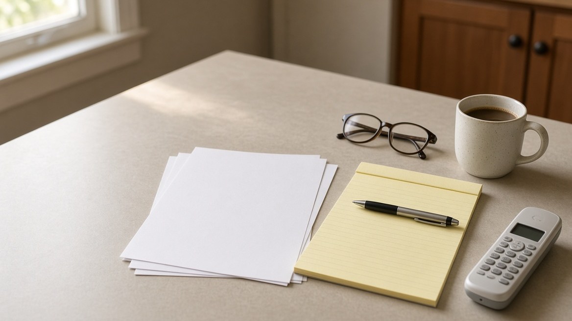 A kitchen table in morning light with three blank stapled papers, a yellow legal pad and pen, reading glasses, a mug of coffee and a cordless telephone handset lying face down, nobody in the frame