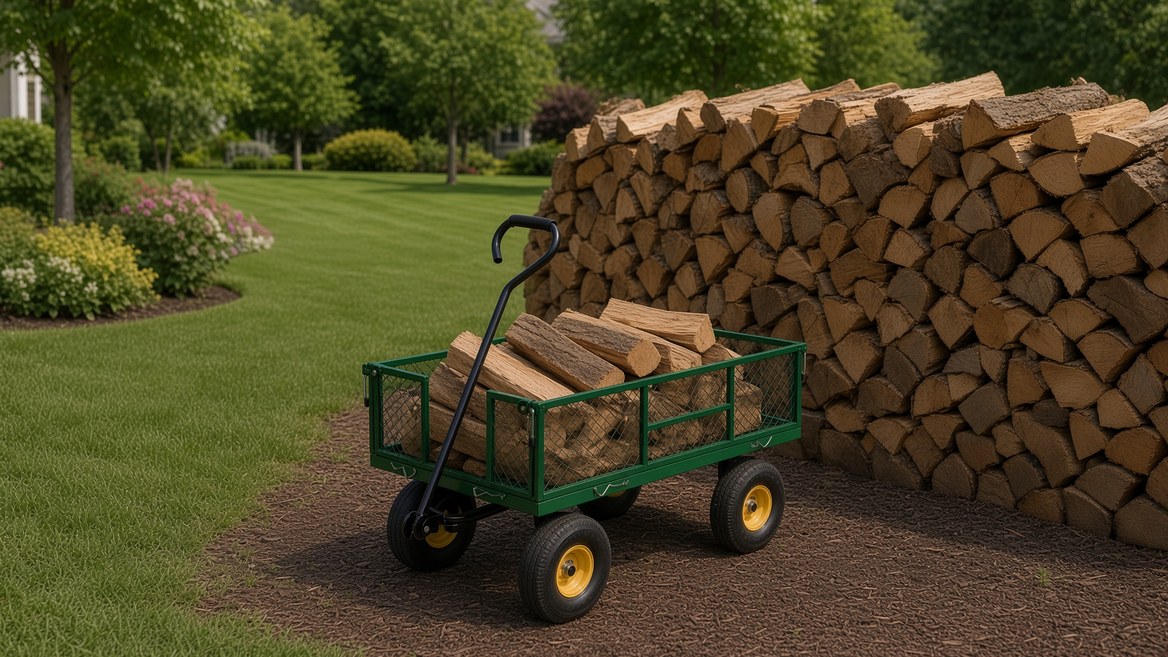 A green steel mesh garden wagon loaded with split firewood on a mulch path, parked beside a large stacked woodpile, with a mown lawn and flower beds behind it