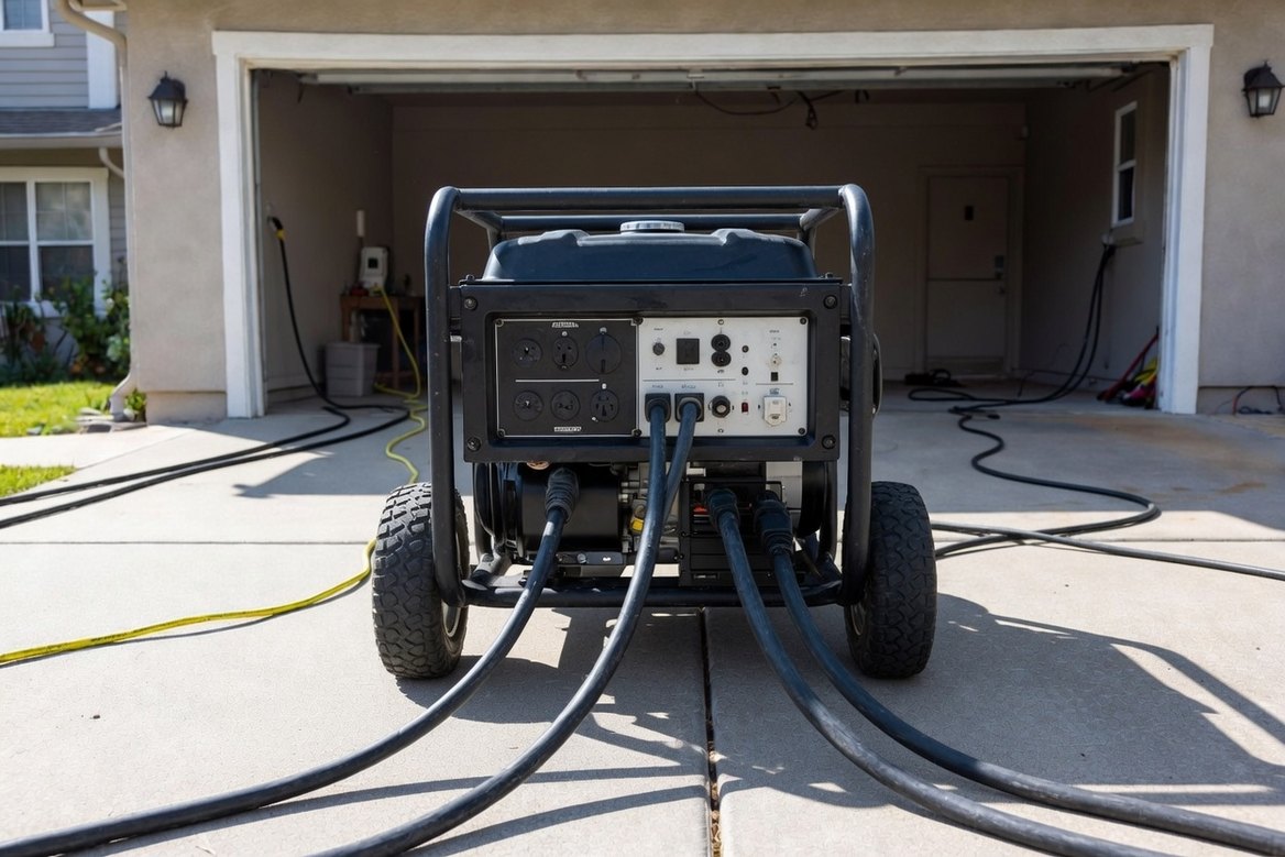 A portable generator standing on a driveway outside an open garage with several heavy extension cords running from it in different directions toward the house