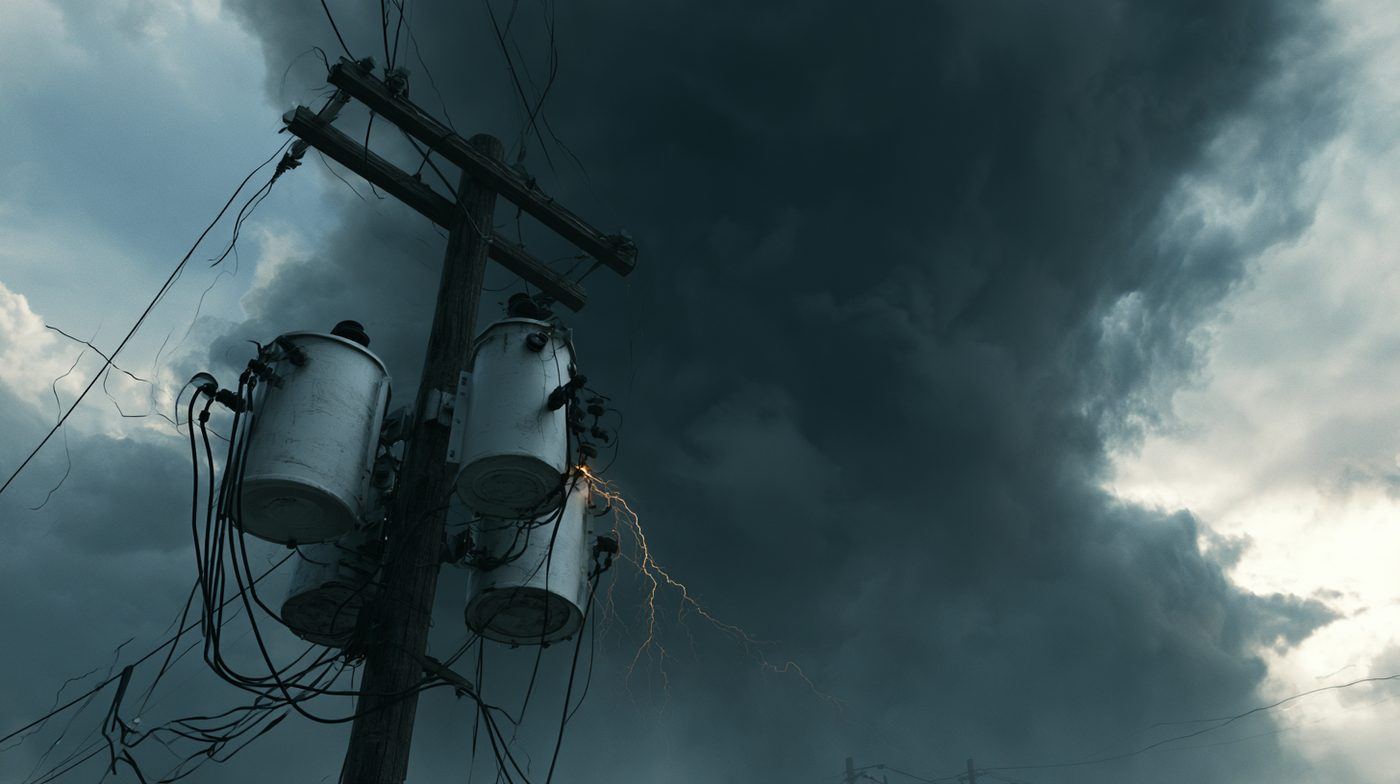 Gray cylindrical electrical transformers on a utility pole against a dark stormy sky with electrical arcing