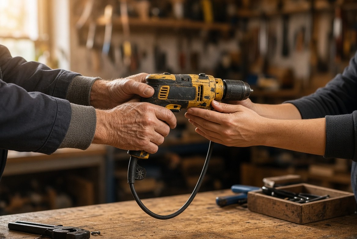 An older man's hands passing a corded electric drill across a workbench into a younger pair of hands, the cord hanging in a loop below