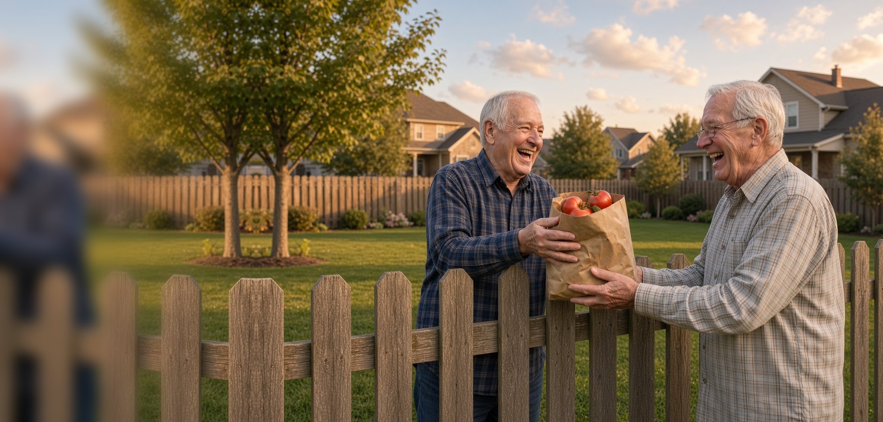 Two laughing older men on either side of a weathered wooden backyard fence at sunset, one handing the other a brown paper bag full of ripe tomatoes