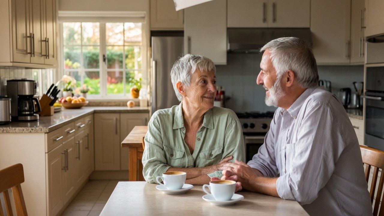 An older couple sitting at a kitchen table in warm afternoon light, talking easily over two cups of coffee, a garden window behind them