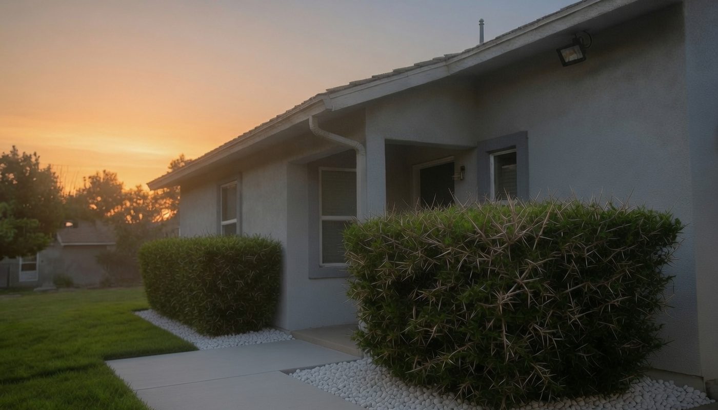 A single-storey house at sunset with a motion floodlight under the eave and a dense thorny shrub growing in a bed of pale gravel below the front window