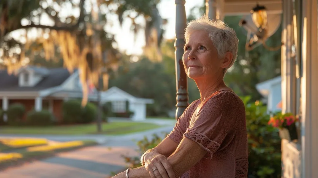 A gray-haired woman leaning on her porch rail in warm evening light, looking out over a quiet street of houses under live oaks