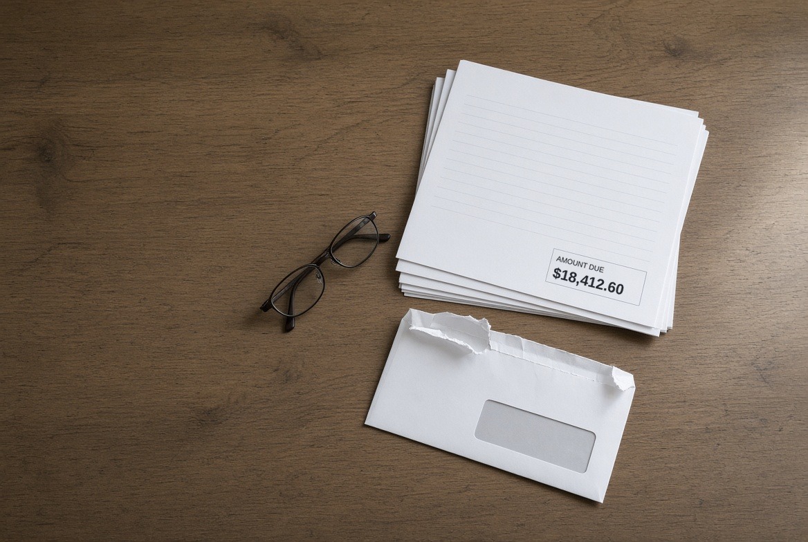 A stack of stapled hospital statement pages fanned open on a kitchen table beside a torn-open window envelope and a pair of folded reading glasses, the amount due box on the top page reading $18,412.60
