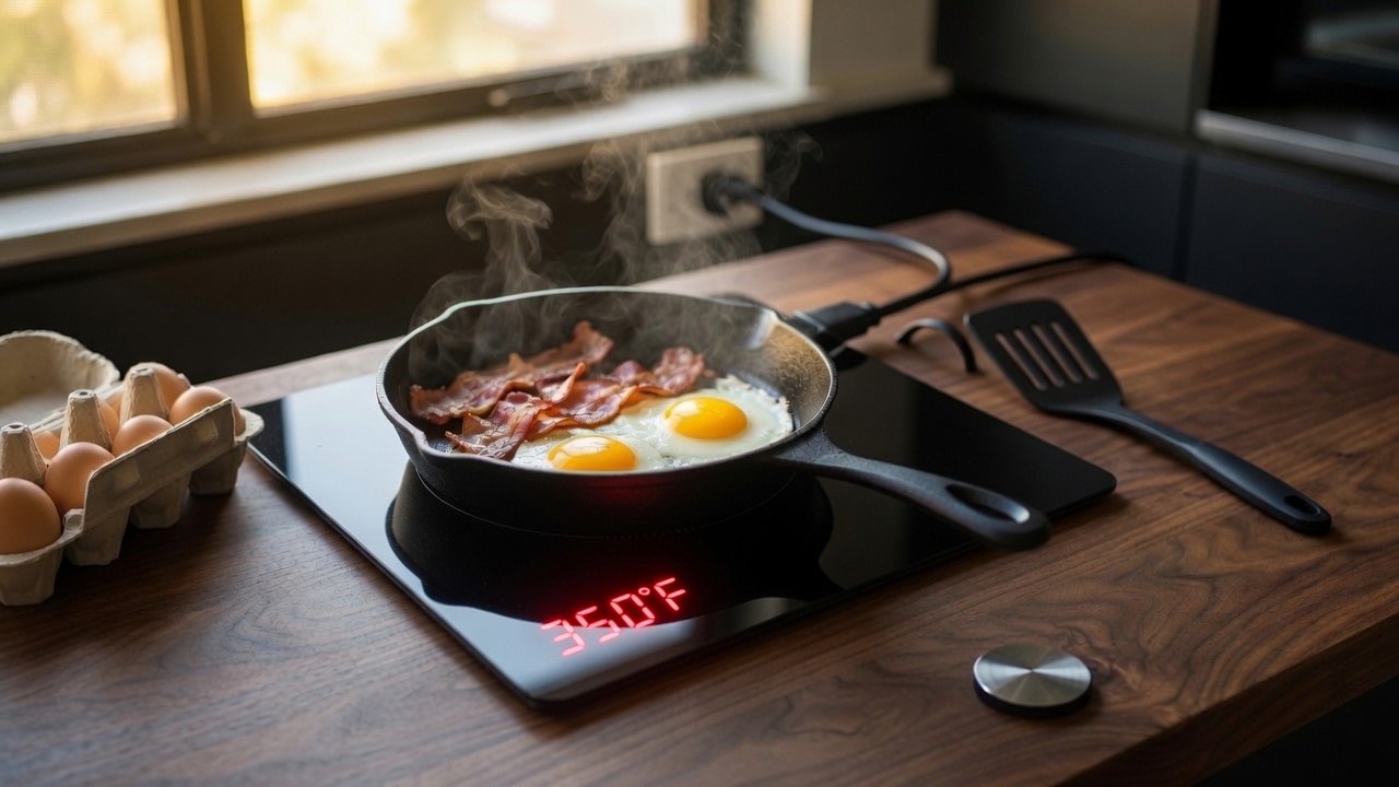 A cast iron skillet of bacon and eggs cooking on a black portable induction burner reading 350 degrees, on a wooden kitchen counter beside a carton of eggs