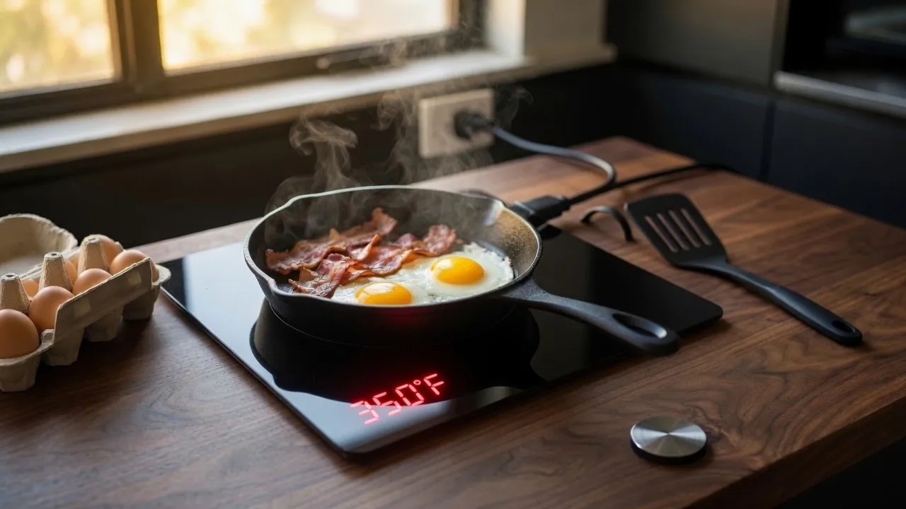 A cast iron skillet of bacon and eggs cooking on a black portable induction burner reading 350 degrees, on a wooden kitchen counter beside a carton of eggs