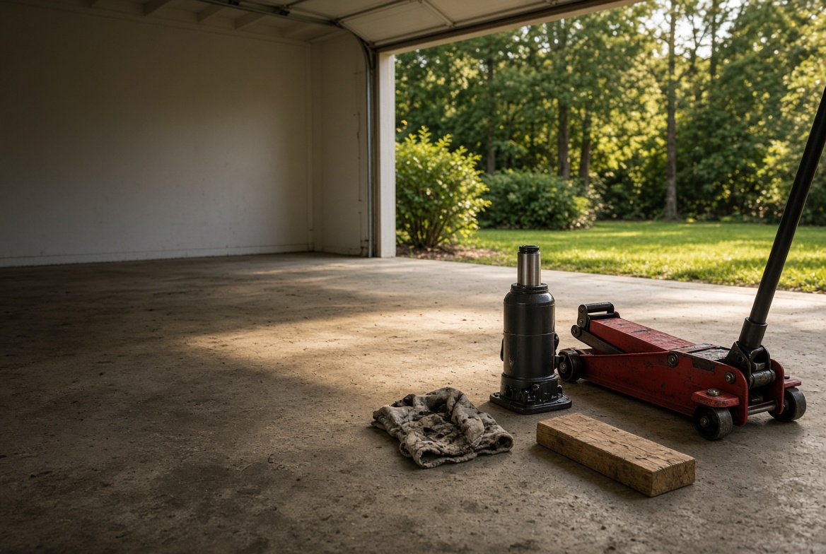 A bottle jack and a red floor jack standing side by side on a garage floor, the open door looking out on a green yard