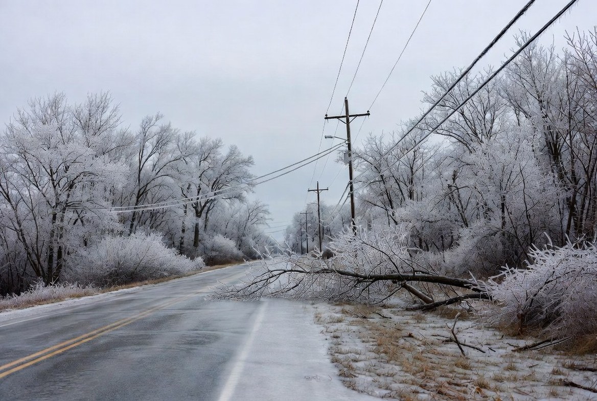 A rural two-lane road after an ice storm, every branch and every power line sheathed in clear ice and bent low, a limb down across the verge under a flat grey sky