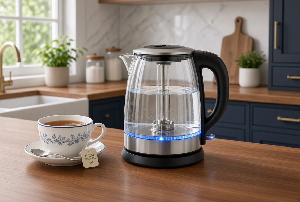 A glass electric kettle with an illuminated base on a wooden kitchen counter, filled to the water-level mark, beside a filled teacup and saucer with a spoon