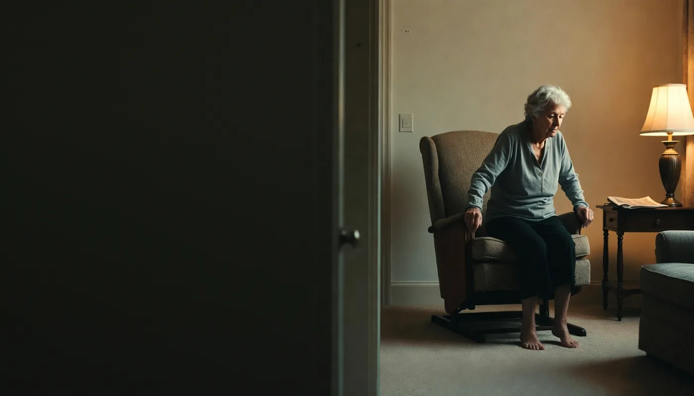 An older woman in a lamp-lit living room getting up from a firm armchair, both hands pressing on the arms and her feet flat on the floor