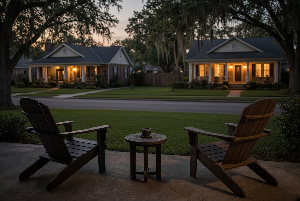Two empty wooden chairs and a small table on a concrete patio at dusk, looking across a lawn and a quiet street to two houses with their porch lights on