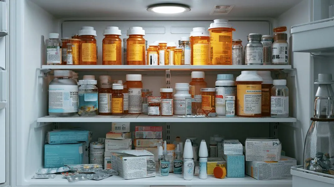 Inside view of a refrigerator with prescription medications, amber pill bottles, eye drops, and medicine boxes on two shelves