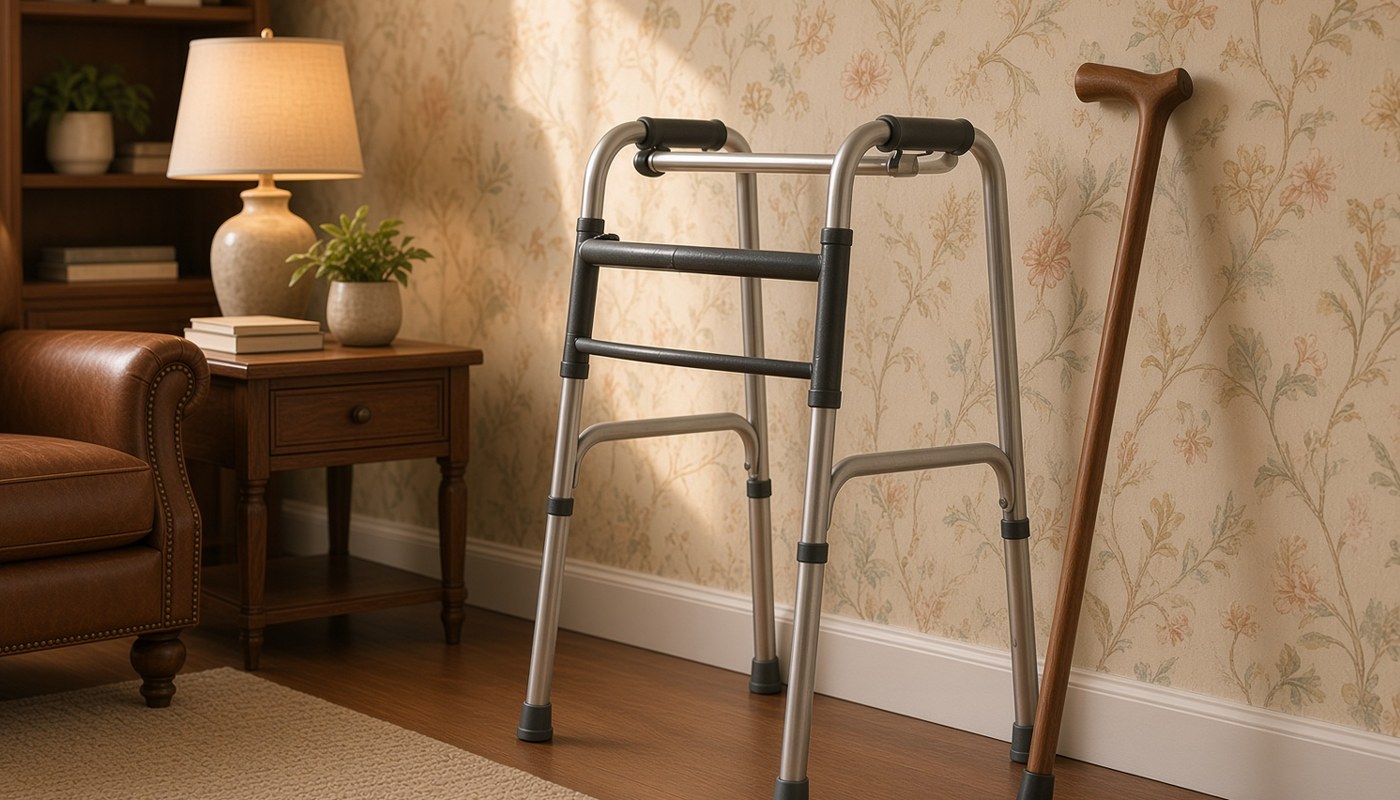 A plain aluminium folding walker standing on the floor of a sitting room beside a wooden cane leaning against the wall, an armchair and lamp behind