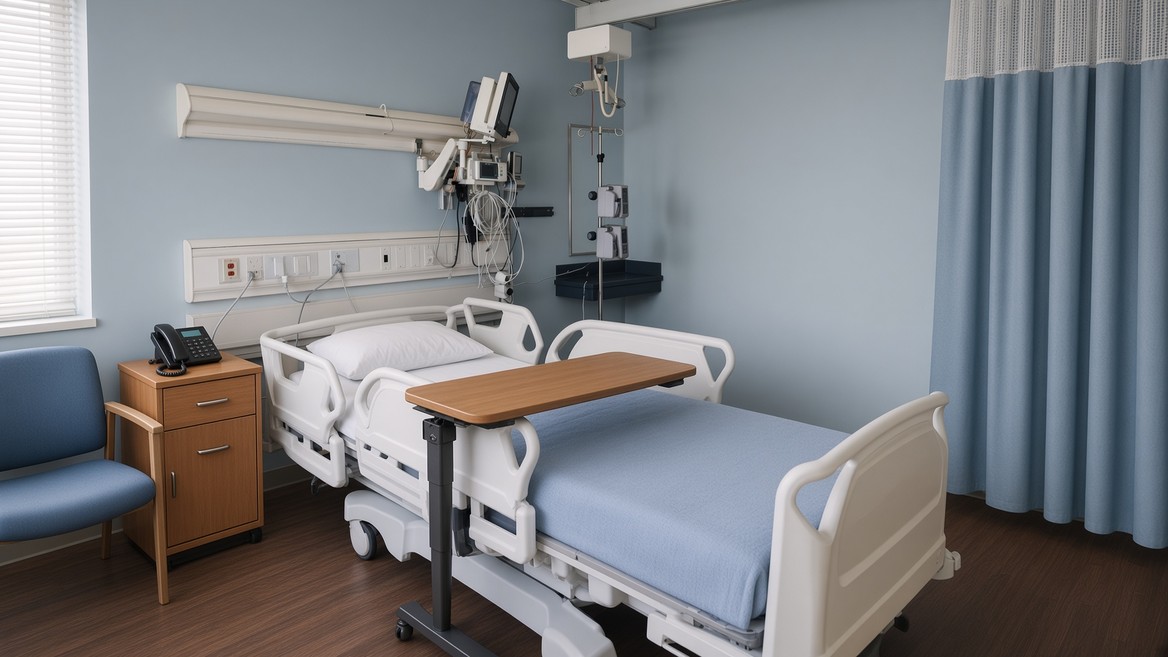 A hospital room with an adjustable bed, a wheeled overbed tray table, a bedside cabinet with a telephone, a visitor chair and a wall-mounted monitor, empty and lit by daylight from a blinded window