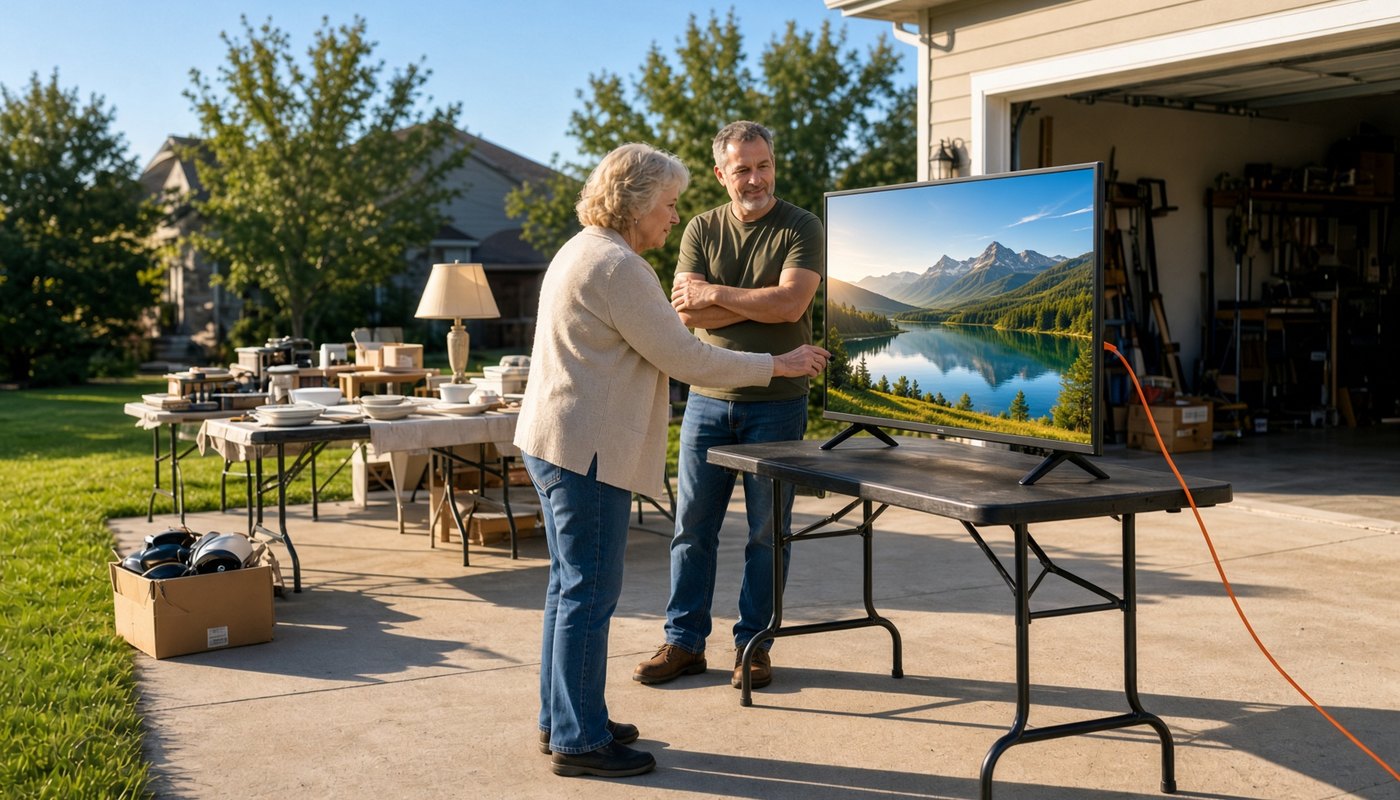 At a driveway garage sale, an older woman in a cardigan leans in to check the corner of a large flat-screen television switched on and plugged in with an orange extension cord, while the seller watches with his arms folded