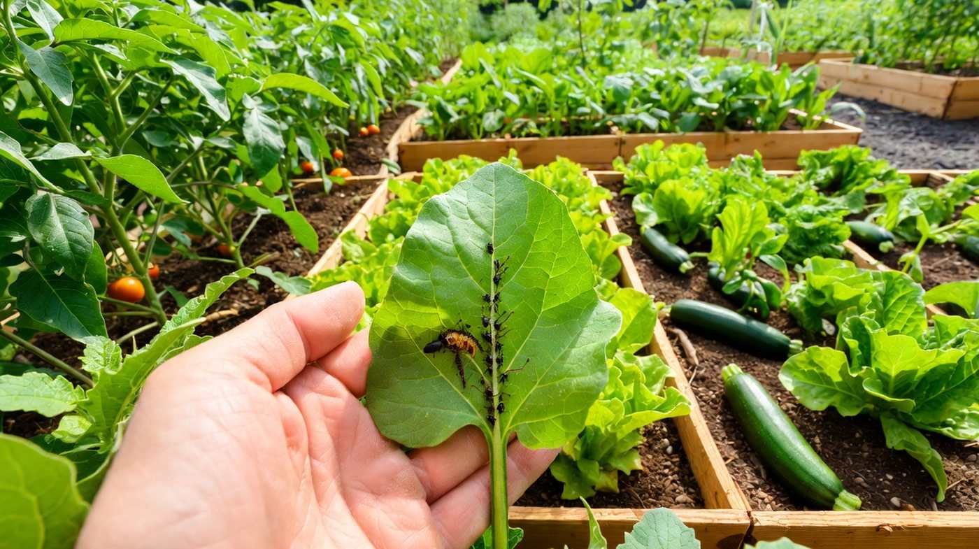 A gardener's hand holding a leaf covered in aphids and a beetle larva, over raised beds of lettuce, tomatoes, and zucchini