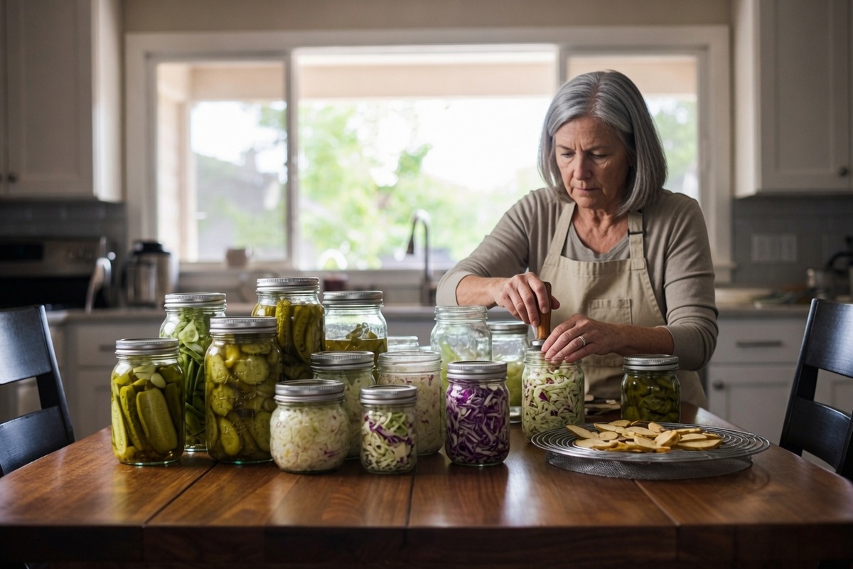 A grey-haired woman in an apron at a kitchen table crowded with glass jars of pickles, sauerkraut and shredded cabbage, pressing one down with a wooden tamper, a plate of dried apple slices beside her and a garden window behind