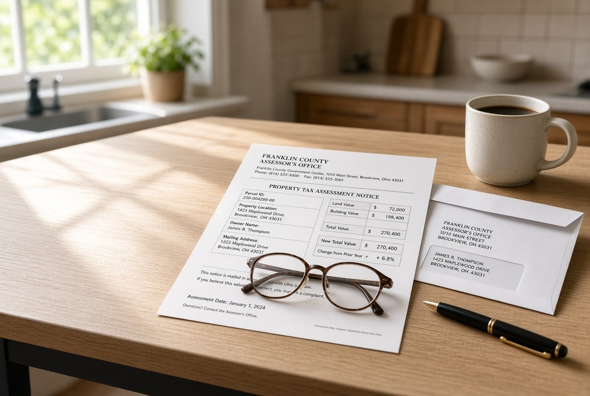 A property tax assessment notice from a county assessor's office lying opened on a kitchen table with its envelope, a pair of reading glasses set down on the page, a mug of coffee and a pen