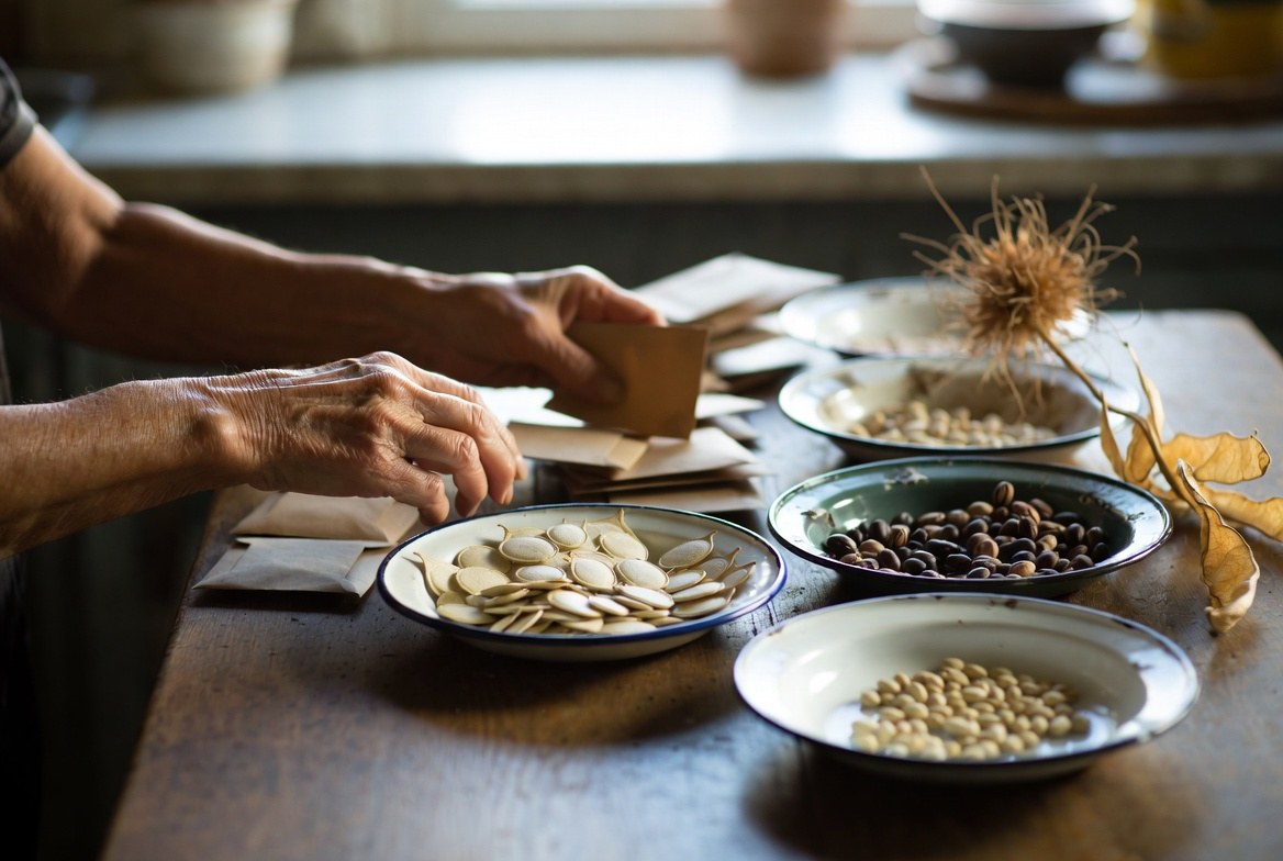 An older woman’s hands sorting saved seeds at a kitchen table by a window, plain unmarked paper envelopes and enamel plates of squash seeds, beans and a dried seed head