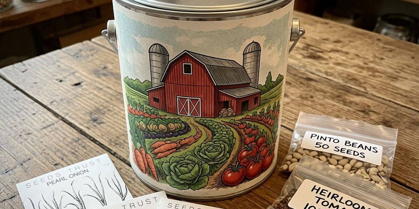 Farm-themed seed storage tin and heirloom seed packets on a wooden table