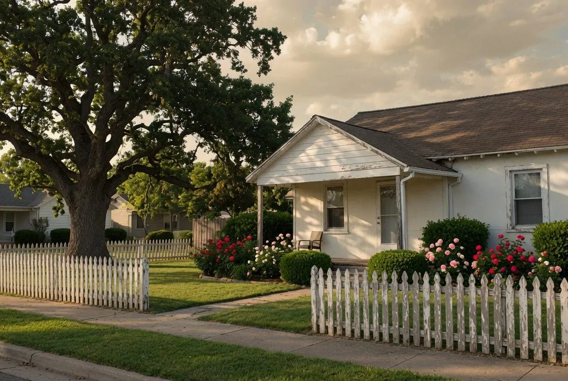 A small white house with peeling paint on its porch gable, a weathered picket fence and roses, under a big oak tree in late afternoon light