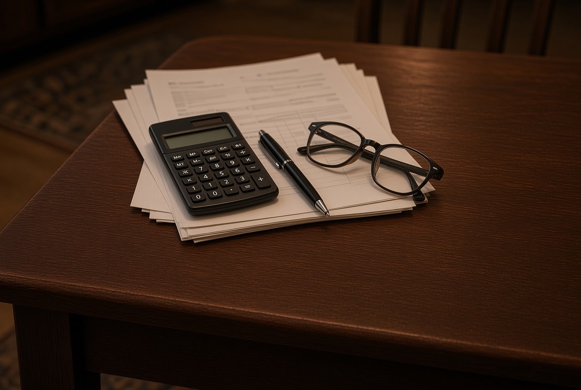 A stack of household paperwork on a dark wooden table with a pocket calculator, a pen and a pair of reading glasses resting on top, lit low and warm