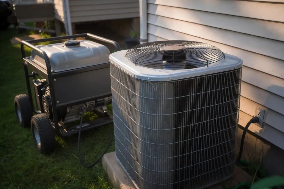 A residential air-conditioning condenser unit beside a house wall in late afternoon light, with a portable generator standing on the grass nearby and a heavy cord running to an outdoor outlet