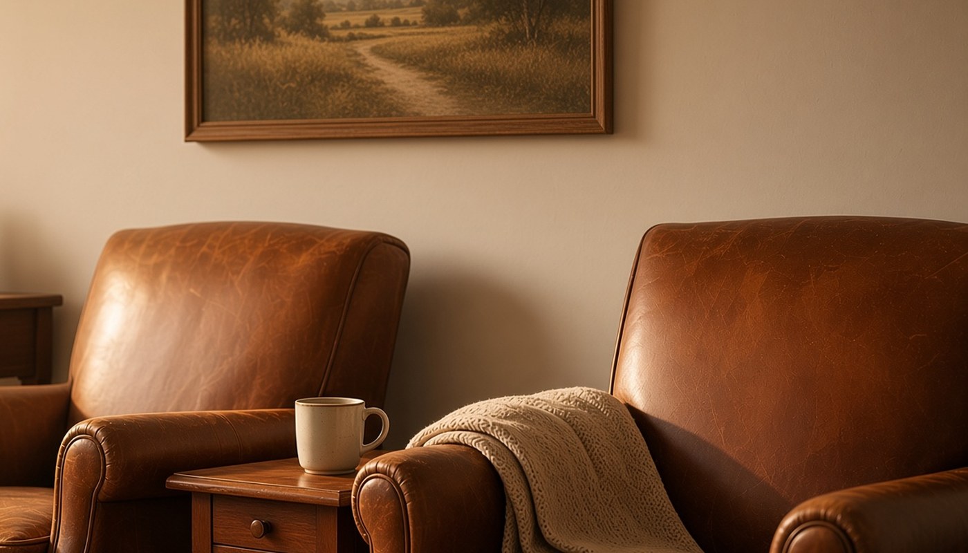 Two worn leather armchairs side by side in an ordinary living room, a knitted blanket over one arm and a mug on the small table between them, both chairs empty in afternoon light