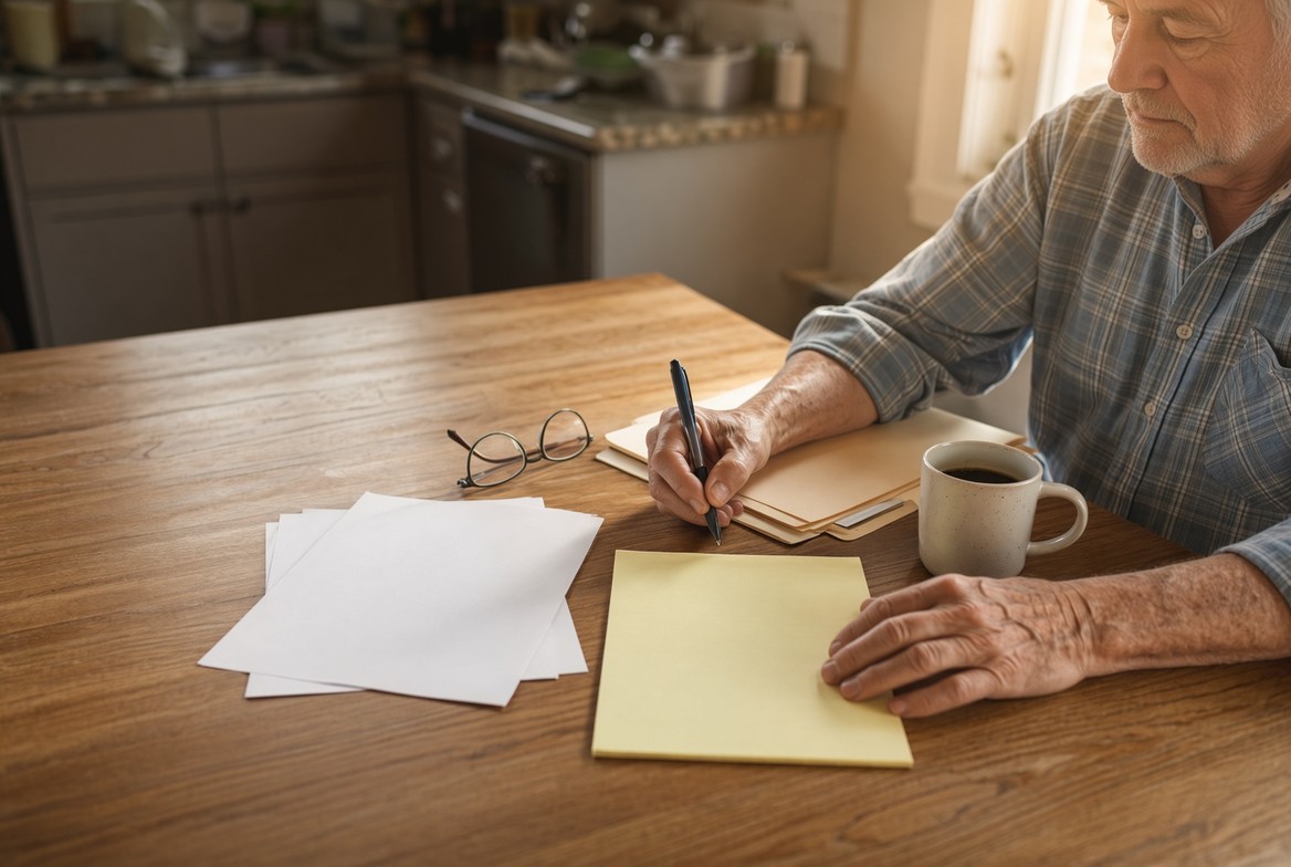 An older man sitting at a kitchen table in morning light, writing with a ballpoint pen on papers in an open manila folder, a blank yellow legal pad and loose sheets in front of him, reading glasses and a mug of coffee beside him