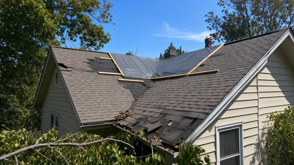 A house roof after a storm with a tarp fastened over a damaged section near the ridge, held down by timber battens screwed along its edges, broken shingles visible on the lower slope