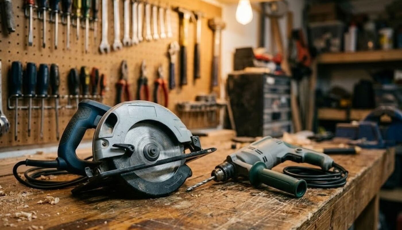 An unbranded corded circular saw and corded drill on a wooden workbench in a warm garage workshop