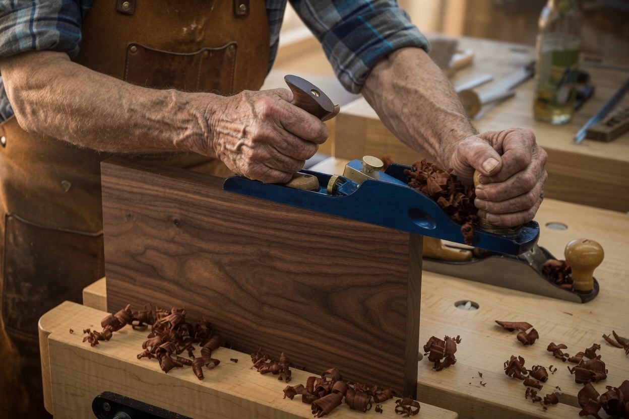 An older man&rsquo;s weathered hands pushing a hand plane along a walnut board held in a bench vise, curled shavings scattered across the bench