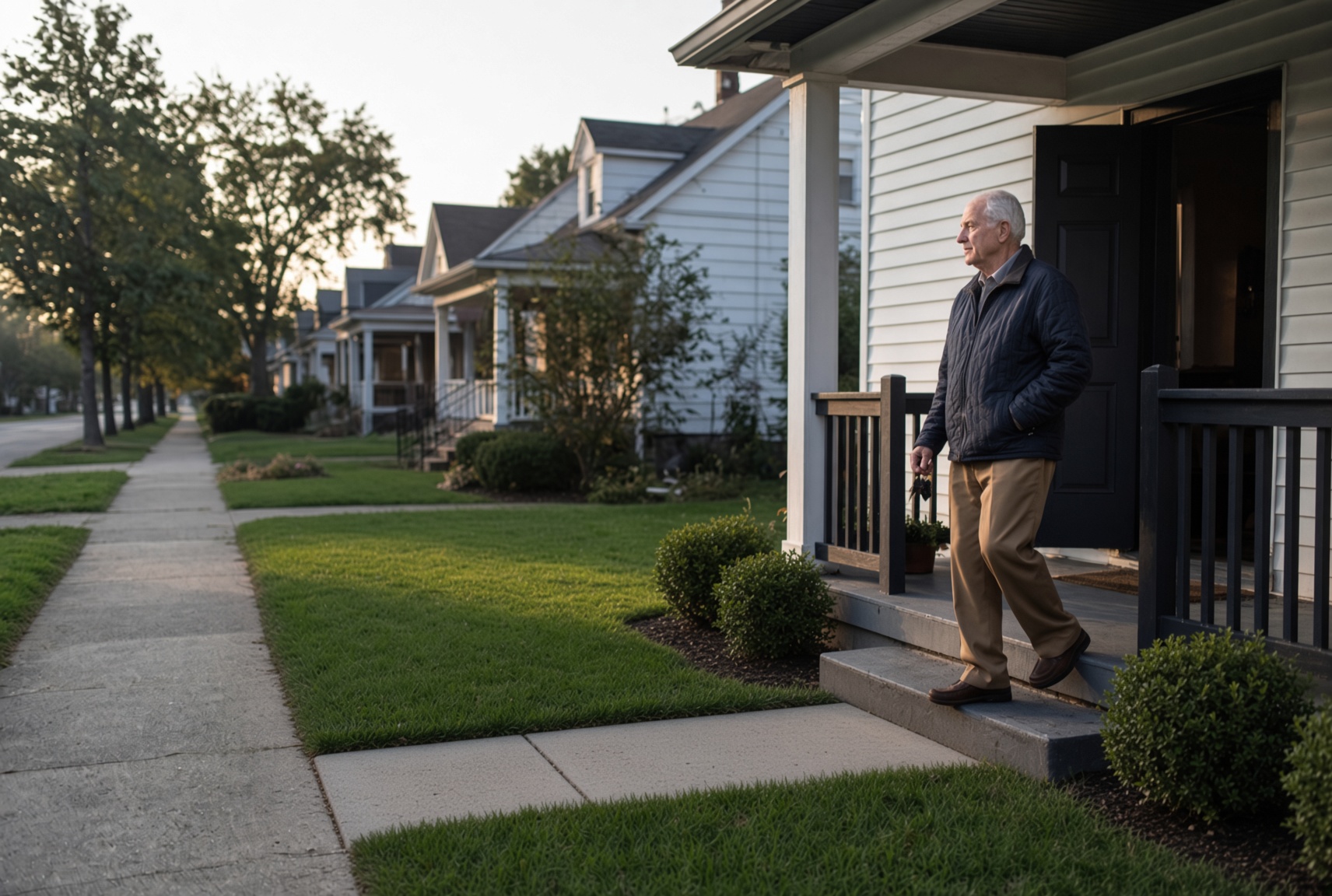 An older man stepping off his own front porch on a bright morning, jacket on and keys in hand