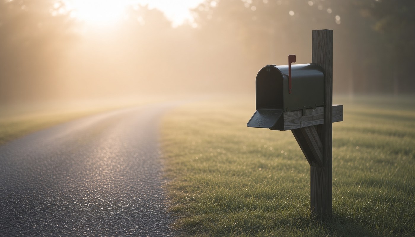 An open and completely empty rural mailbox on a weathered wooden post beside a paved road, early morning mist, low sun behind