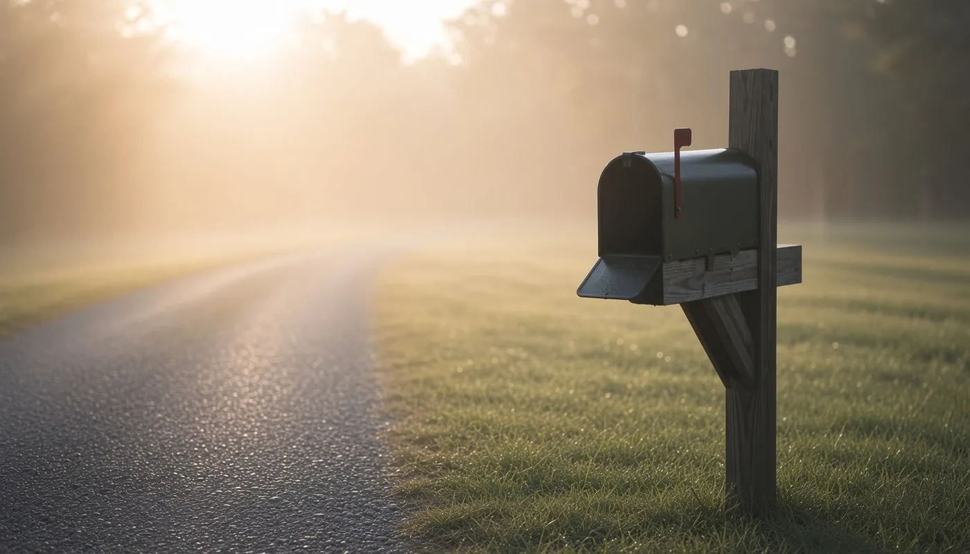 An open and completely empty rural mailbox on a weathered wooden post beside a paved road, early morning mist, low sun behind
