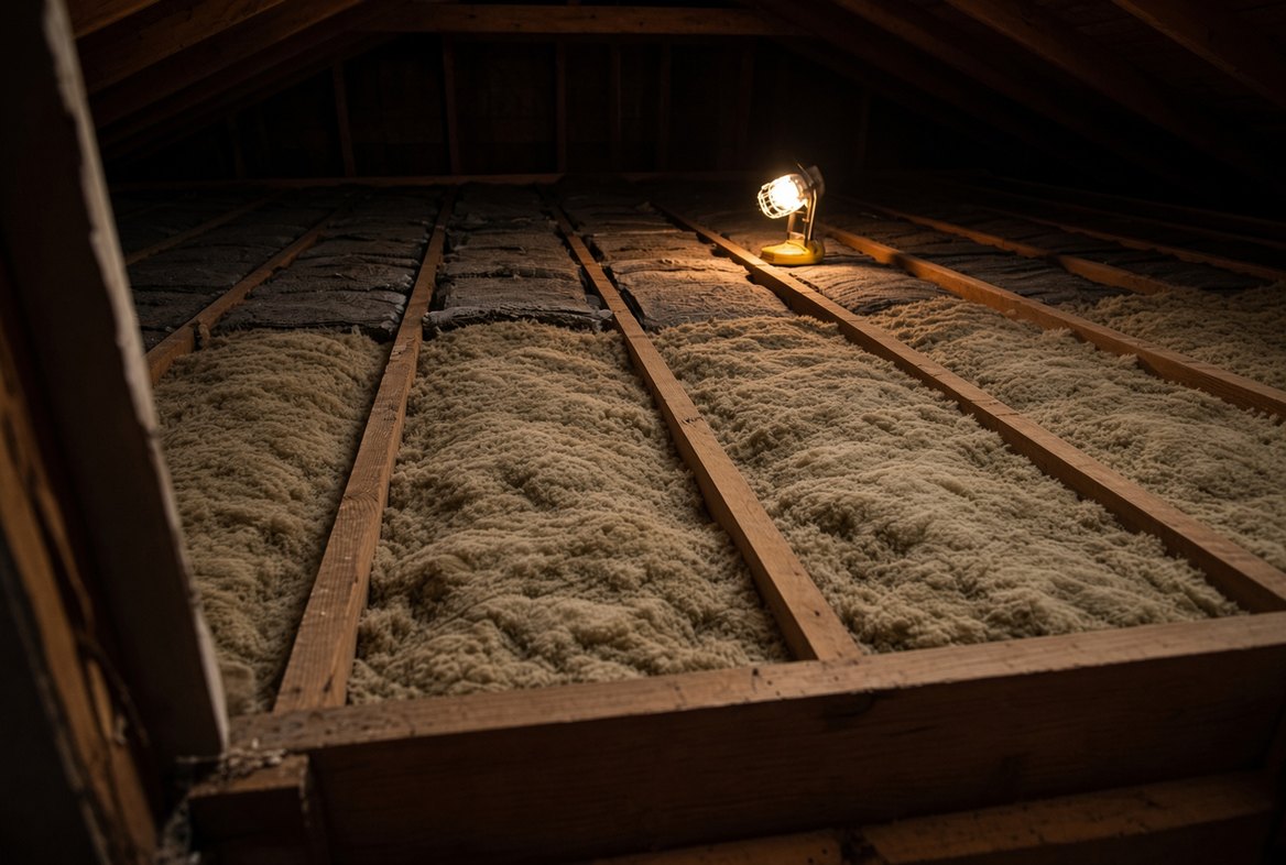 An attic seen through the hatch, half the joist bays filled with thick new insulation and the far half showing bare joists with thin dark old matting, a work light standing on the boards between them