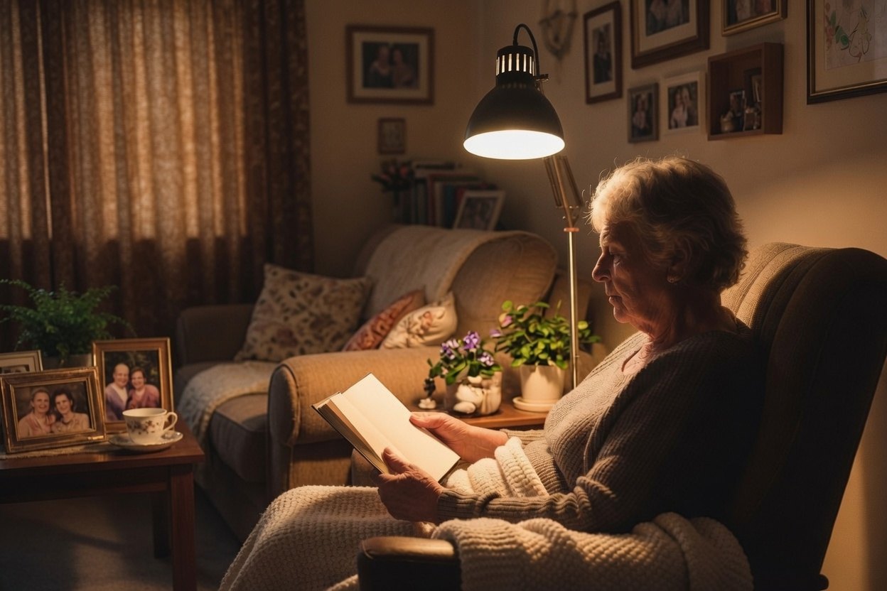 An older woman reading in an armchair in a dim living room at night, with an adjustable floor lamp behind her shoulder throwing a clear pool of light onto the book in her hands