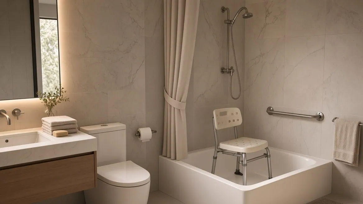 An ordinary bathroom in morning light with a plain white alcove bathtub under a shower with the curtain drawn back, a plastic and aluminium shower chair standing inside the tub, and a stainless steel grab bar bolted to the tiled wall through visible round flanges