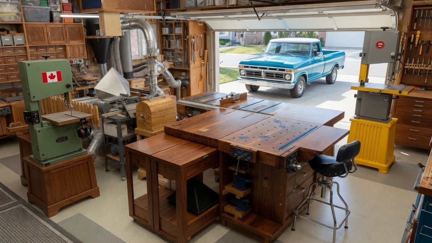 A home woodworking shop in a garage with the door open on a bright morning, machines and benches all in their places and nobody in the room