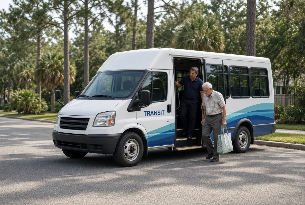 A small white cutaway transit shuttle stopped on a residential street lined with palms and pines, its door open and the driver steadying an older man stepping down with a shopping bag
