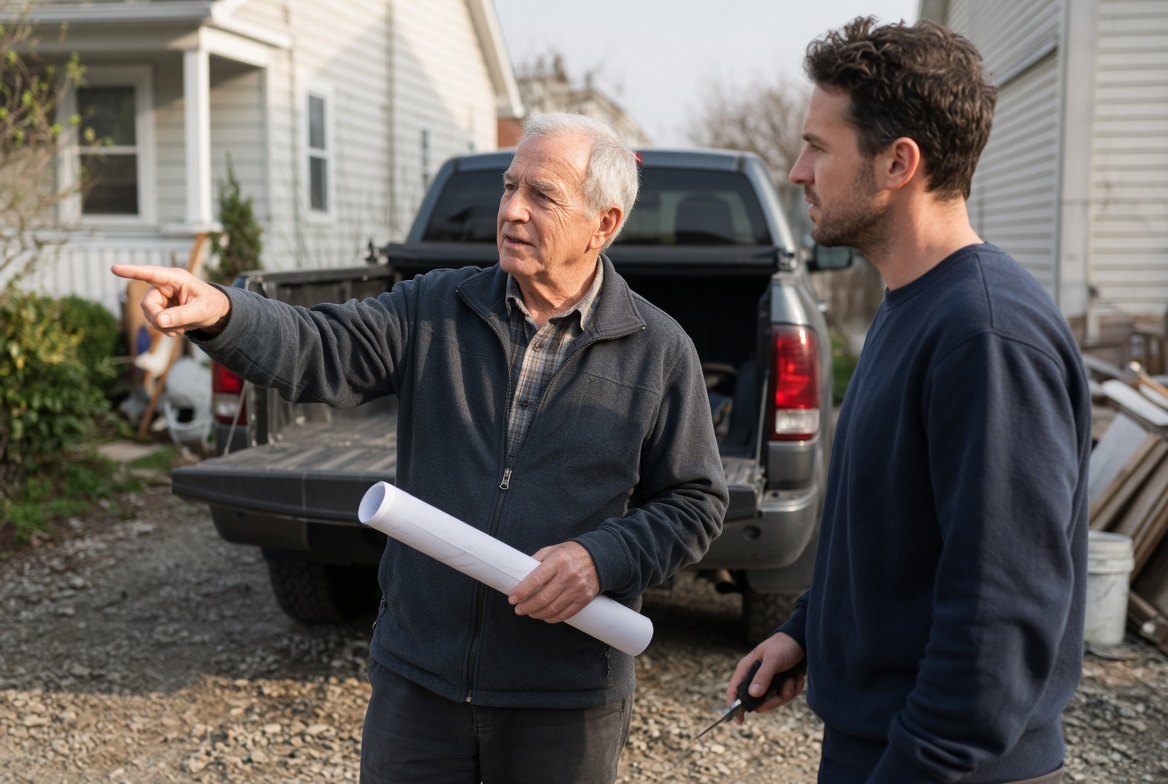An older man on a residential job site holding a rolled paper drawing, pointing something out to a younger tradesman who is listening, a pickup with its tailgate down behind them