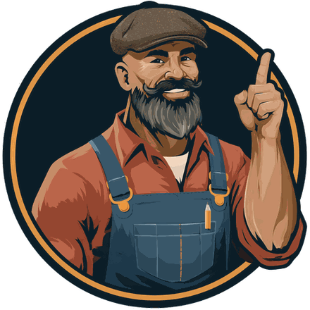 The BuyItAt50 handyman in a flat cap and overalls, holding up one finger to make a point
