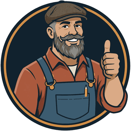 The BuyItAt50 handyman in a flat cap and overalls, giving a thumbs up