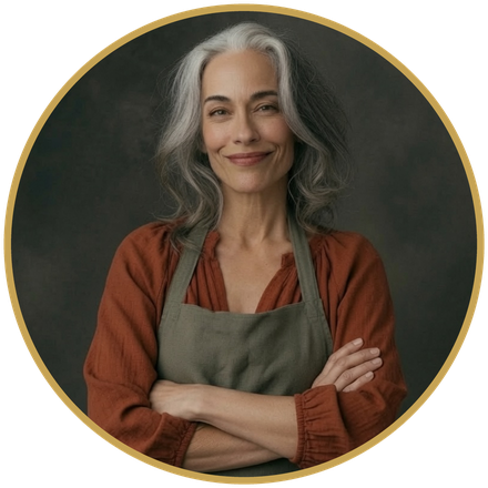 Illustration of the site mascot, a grey-haired woman in an apron, with her arms folded