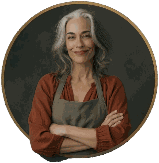 Friendly silver-haired woman in a work apron standing with her arms crossed, inside a gold circle badge