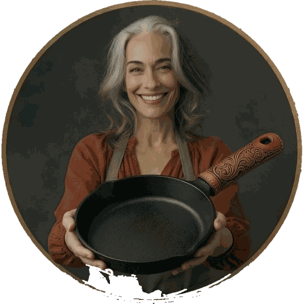 Friendly gray-haired woman in an apron holding a cast iron skillet fitted with a tooled leather handle cover, inside an amber circle badge
