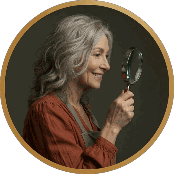 Silver-haired woman in a work apron holding up a magnifying glass, inside a gold circle badge
